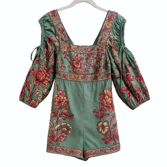 NWT Farm Rio Anthropologie Puff-Sleeve Square-Neck Romper Green S Floral Boho - Picture 3 of 15